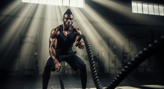 Muscular man doing an intense battle rope workout in a dark gym. Crossfit fitness training for strength and conditioning.