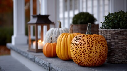 luxury pumpkin display, sophisticated suburban home with elegantly carved pumpkins creating dramatic shadows and highlights, in rich autumnal colors