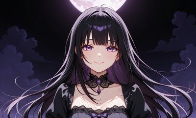 Elegant anime girl in gothic black lace dress under glowing full moon, with flowing hair and purple eyes &mdash; mystical night scene perfect for fantasy, celestial, and gothic stock visuals
