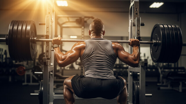 A muscular man performs a heavy barbell squat in a gym rack from a rear view. Strong athlete during an intense weightlifting and crossfit workout. - Powered by Adobe