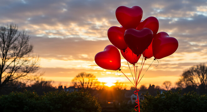 Heart-shaped red balloons float against a vibrant sunset backdrop, symbolizing love and celebration.