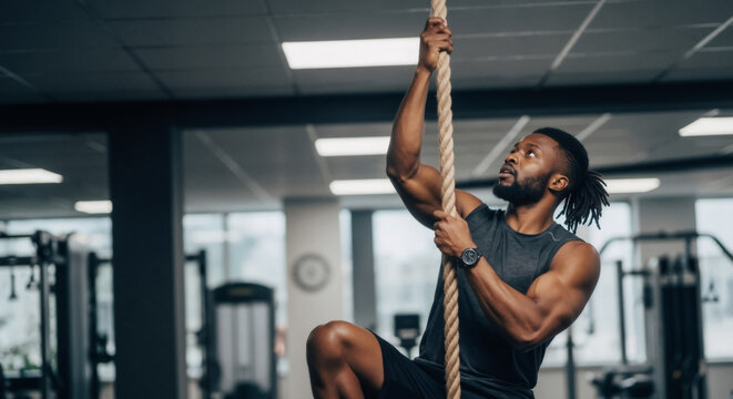 Muscular black man doing a rope climbing exercise in a gym. Strong athlete during a crossfit strength training workout. - Powered by Adobe
