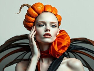 Woman in pumpkin headpiece and sculptural fall costume