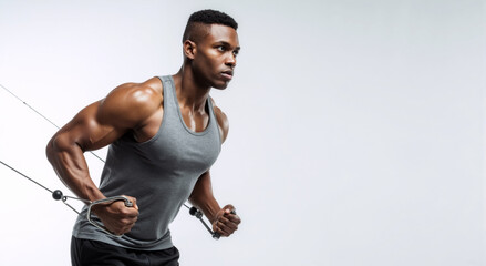 Muscular African American man performing a cable crossover exercise. Fitness athlete training in a gym on a white background with copy space.