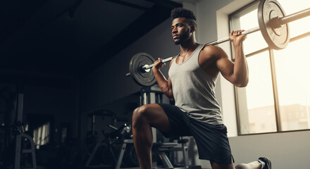 Muscular black man doing barbell lunges in the gym. Athlete focused on a strength training workout for leg day. Crossfit and fitness concept with copy space.