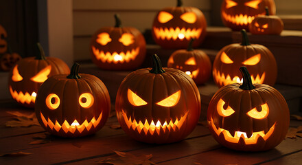 Fototapeta premium Glowing jack-o'-lanterns with varied expressions line porch steps, illuminating the autumn night.