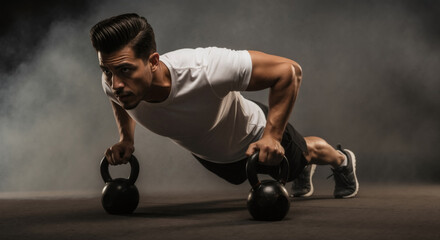 Muscular man doing push-ups on kettlebells in a gym. Intense fitness workout for strength training and crossfit.