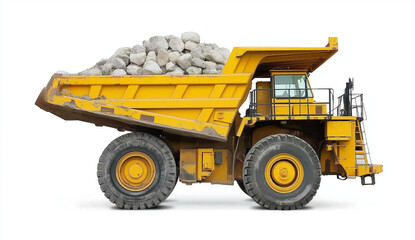 Obraz premium yellow, mining, truck, open, cabin, gray, stones, white, background, highresolution, photograph, vehicle, industrial, heavy, machinery, transport, construction, excavation, earthmoving, miningvehicle,