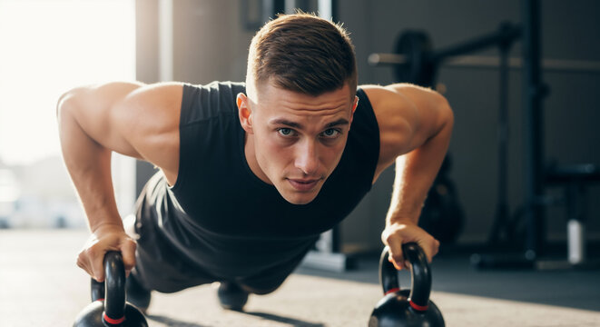 Determined man performing kettlebell push-ups during an intense workout. Strength and crossfit training concept. - Powered by Adobe