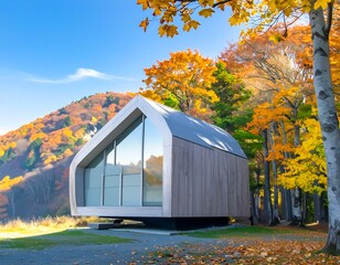 Modern cabin nestled in autumn forest