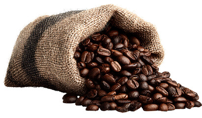 coffee beans in a jute sack, isolated on a transparent background