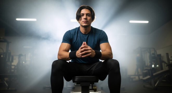 A muscular man sits on a bench in a smoky gym looking at the camera. Intense portrait of a focused athlete before a crossfit workout. - Powered by Adobe