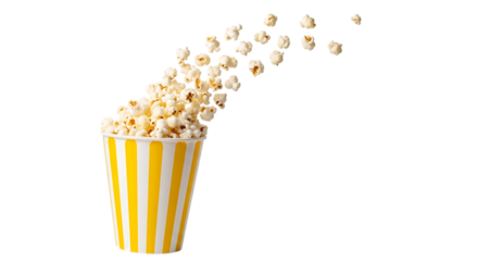 Yellow striped popcorn cup with popping kernels isolated on transparent background
