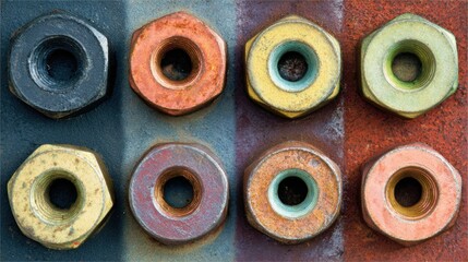 Fototapeta premium Rows of nuts display a mix of colors and textures against an old, rusty background, emphasizing the beauty in industrial decay and patina.