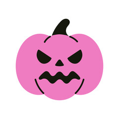 Vector spooky pink pumpkin clipart with angry face isolated on white. Scary and creepy halloween autumn ornament.