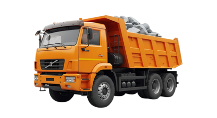 Orange dump truck loaded with gravel isolated on transparent background