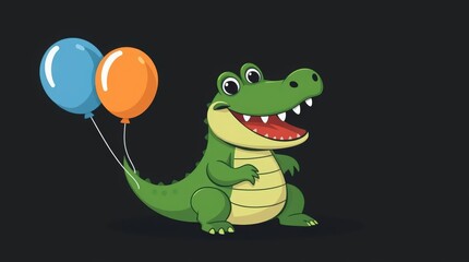 Fototapeta premium Joyful cartoon alligator holding balloons, perfect for children's entertainment and birthday designs