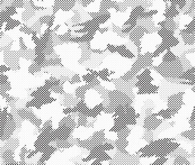Abstract halftone seamless camouflage pattern. Repeating digital dotted hexagonal camo military texture background. Abstract modern fabric textile ornament. Vector illustration.