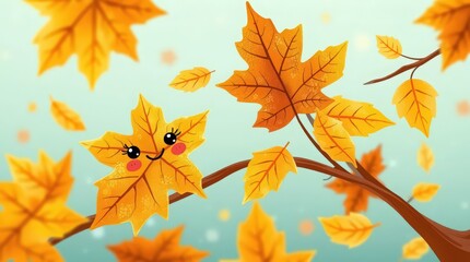 Charming cartoon autumn leaves with smiling faces and cheerful vibes for fall season