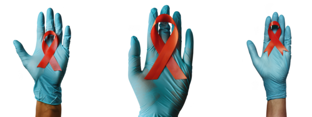 Three hands wearing blue medical gloves with red ribbons for aids awareness, isolated on transparent background