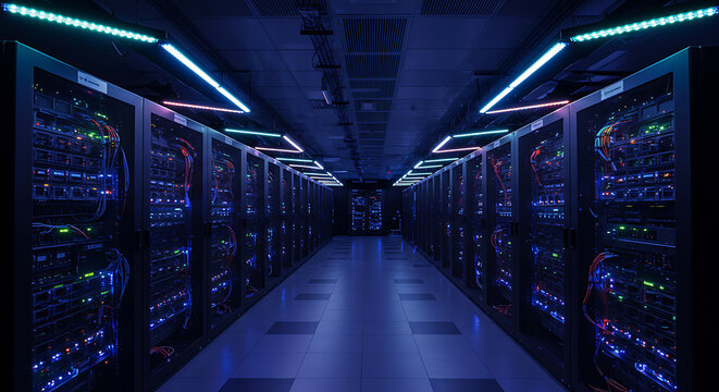 An illuminated server room with rows of server racks, bathed in blue and green lighting, creating a high-tech atmosphere.