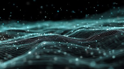 Abstract glowing blue and green digital wave with particles