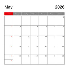 Wall calendar template for May 2026. Holiday and event planner, week starts on Sunday.