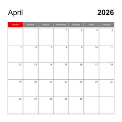Wall calendar template for April 2026. Holiday and event planner, week starts on Sunday.