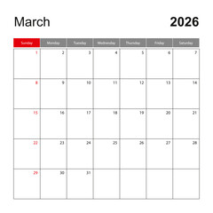 Wall calendar template for March 2026. Holiday and event planner, week starts on Sunday.
