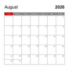 Wall calendar template for August 2026. Holiday and event planner, week starts on Sunday.