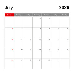 Wall calendar template for July 2026. Holiday and event planner, week starts on Sunday.