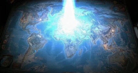 Descending energy beam hitting central Europe on parchment-toned world map, spreading blue glow - Powered by Adobe