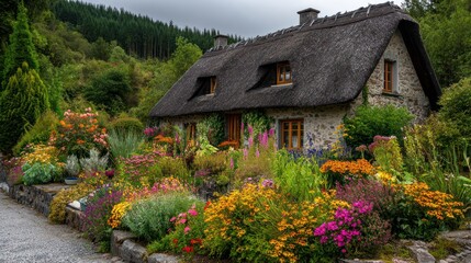Fototapeta premium Quaint cottage with thatched roof and vibrant flower garden under overcast sky