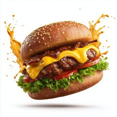 Mouthwatering Cheeseburger with Bacon , PNG isolated cut out image