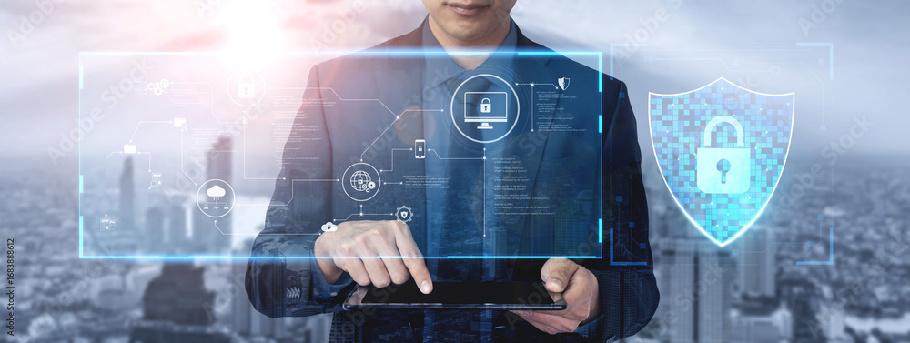 Poster cyber security protects against breaches, hacks, and network attacks using strong infrastructure and