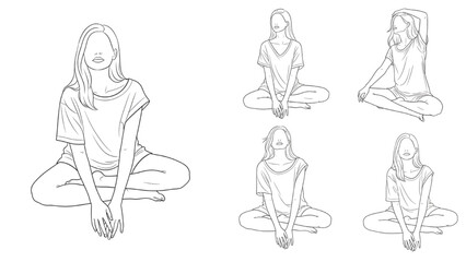 Top View Woman Outline Set | Sitting Female Figure Vector Isolated on White Background