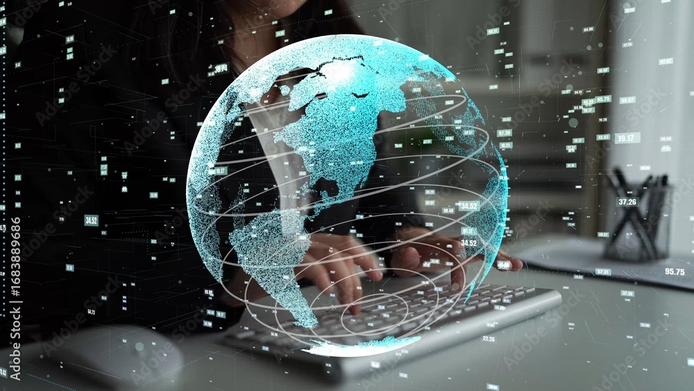 Poster a modern workspace showcases digital transformation as a person types on a keyboard with a 3d earth 
