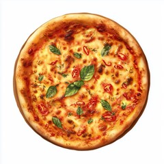 Aromatic Italian Pizza with Fresh Basil and Cherry Tomatoes , PNG isolated cut out image