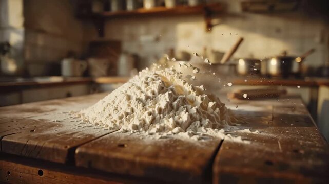 Flour blowing off table in rustic sunlit kitchen during baking preparation