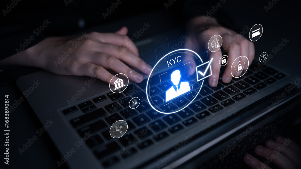 Poster digital kyc verification with biometric scan, id authentication, and financial security icons repres