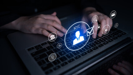 Digital KYC verification with biometric scan, ID authentication, and financial security icons representing identity verification, secure onboarding, fraud prevention, and compliance Latch