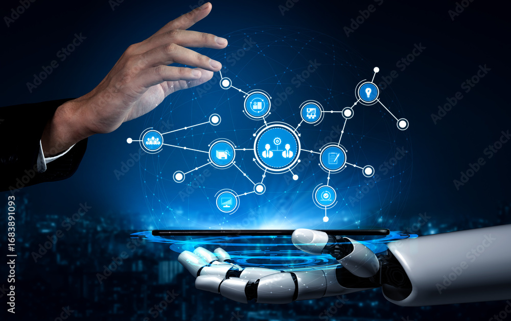 Poster a human hand reaches towards a robotic hand, illustrating a unique interaction between technology an