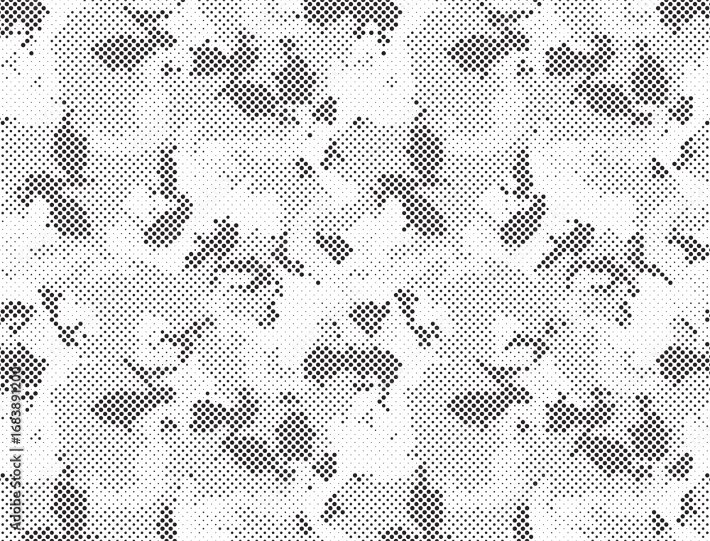 Poster abstract halftone seamless camouflage pattern. repeating digital dotted hexagonal camo military text
