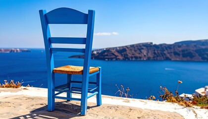 Fototapeta premium Blue chair overlooking Aegean Sea