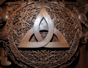 Intricate Viking wood carving of Valknut symbol