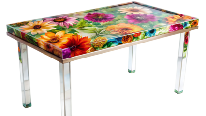 A small resin entryway table with a vibrant, abstract floral pattern embedded under a clear glossy top, adding a welcoming burst of color to a foyer, isolated on a Transparent Background