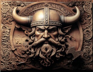 Odin wood carving portrait with one eye, Norse mythology