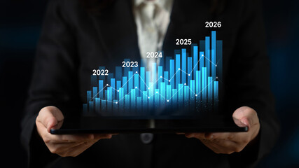 Business bar chart and line graph showing yearly business growth from 2022 to new year 2026, represent data analytics, future 2026 planning, business 2026 trend, and performance analysis 2026 Latch