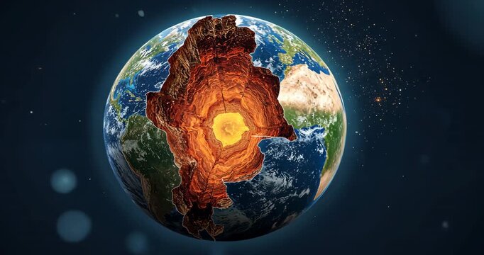 Rotating on start 3D Earth model in deep space, revealing molten core and drifting light orbs - Powered by Adobe