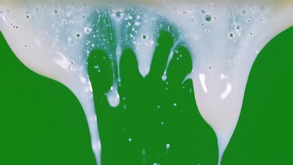 Viscous white substance suspended against a vibrant green backdrop, filled with small air bubbles and delicate tendrils - Powered by Adobe
